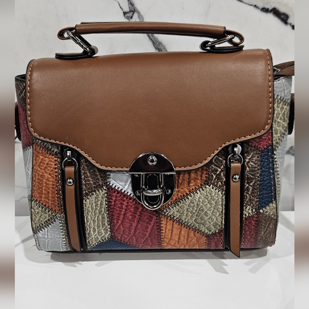 Colorblock Patchwork Geometric Leather Women Retr… - image 2